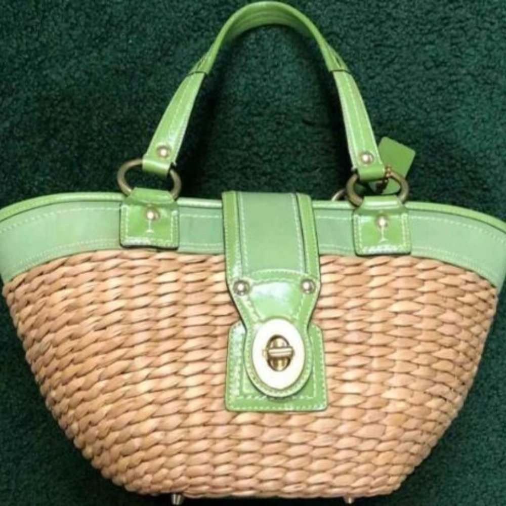 Coach Green Wicker Basket Purse Tote Satchel Turnlock  EUC